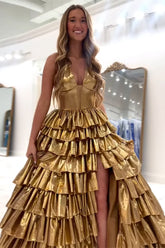 Gold Prom Dress A Line Halter Ruffled Long Formal Dress With Slit